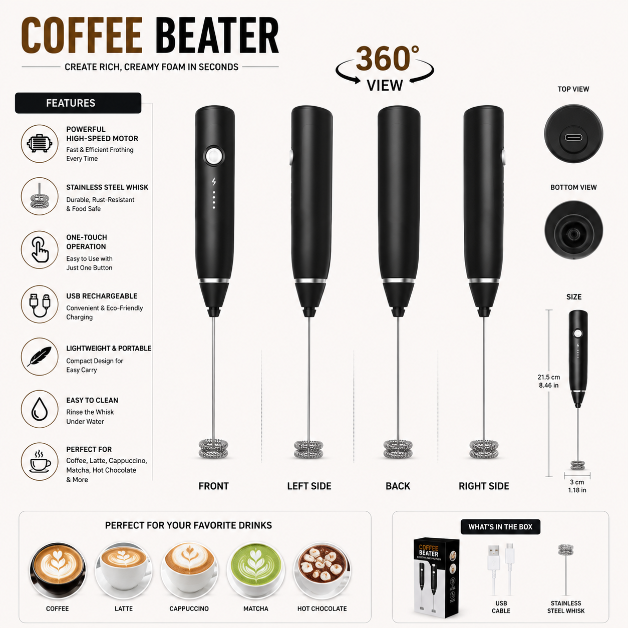 Premium Electric Coffee Beater | USB Rechargeable Kitchen Whisk