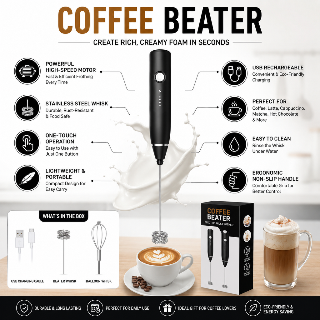 Premium Electric Coffee Beater | USB Rechargeable Kitchen Whisk