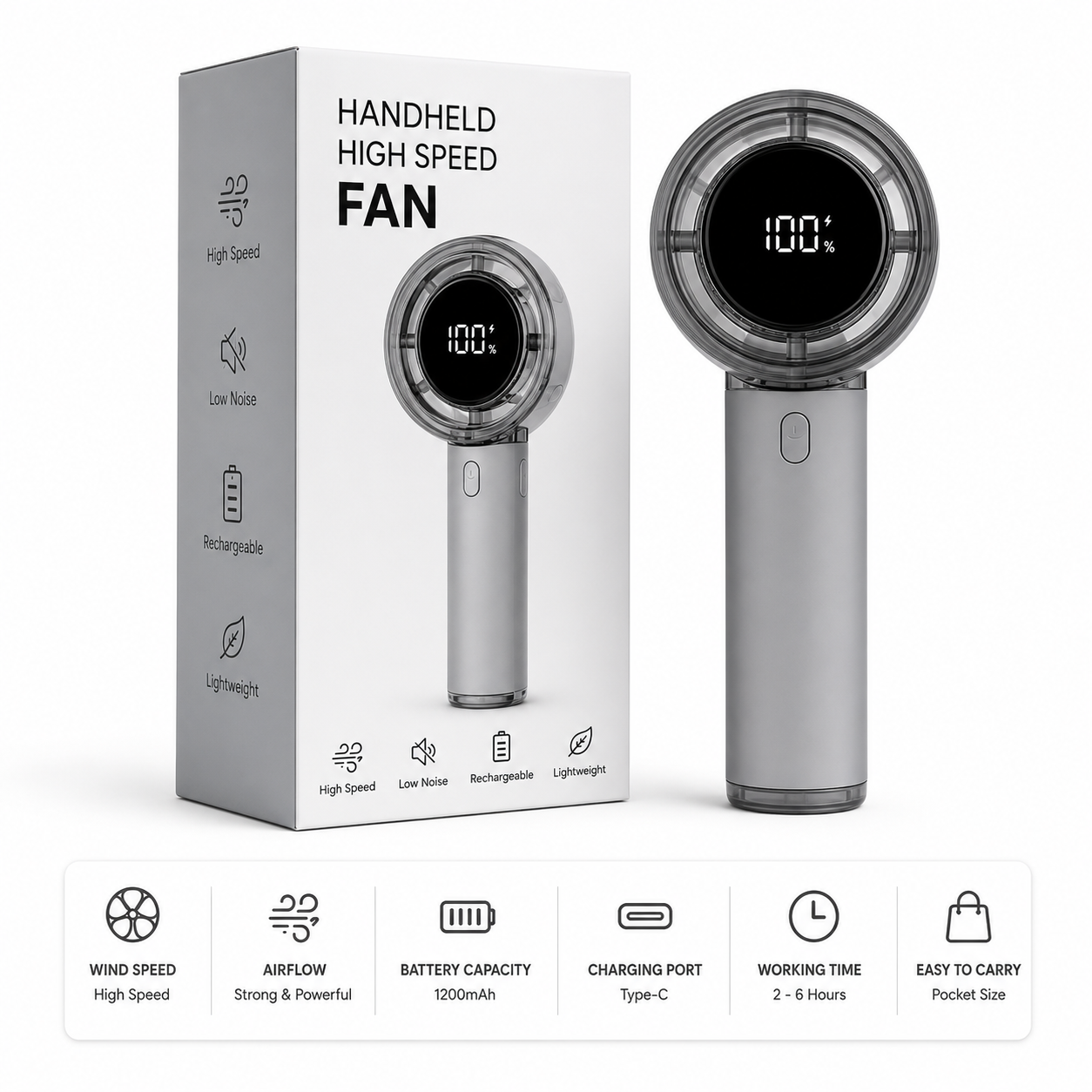 Crystal High Speed Handheld Fan – Rechargeable Portable Mini Cooling Fan with LED Display & Type-C Charging