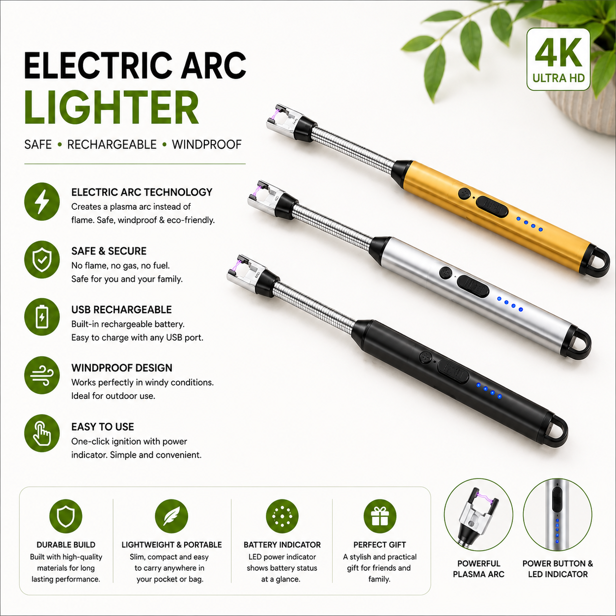 USB Rechargeable Electric Arc Lighter – Windproof Plasma Candle & BBQ Lighter