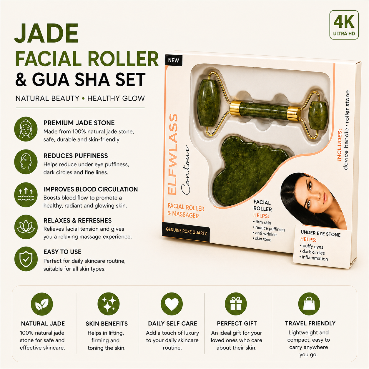 Premium Jade Facial Roller & Gua Sha Set | Natural Face Massager for Glowing Skin