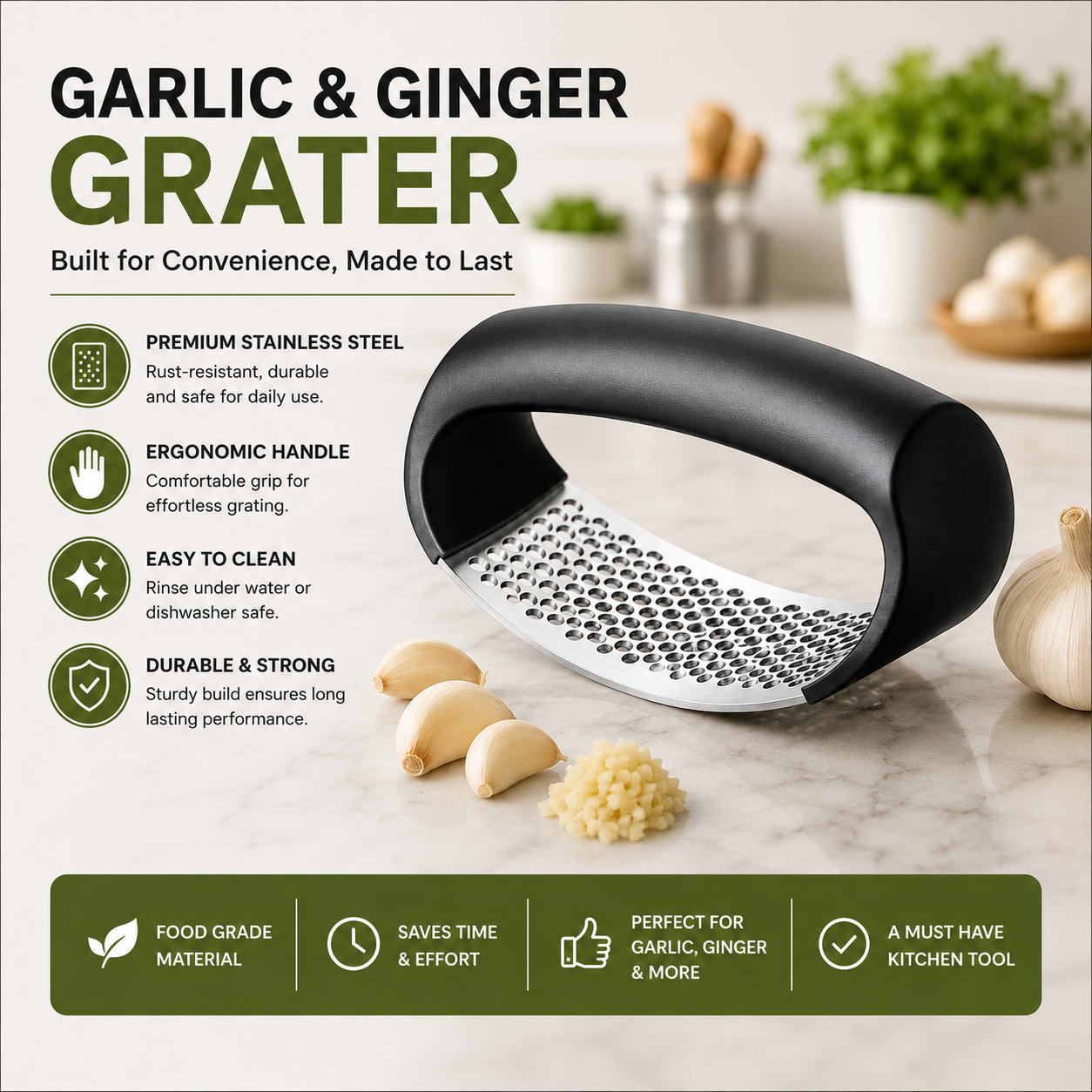 Premium Garlic & Ginger Grater – Stainless Steel Manual Kitchen Grater with Ergonomic Handle