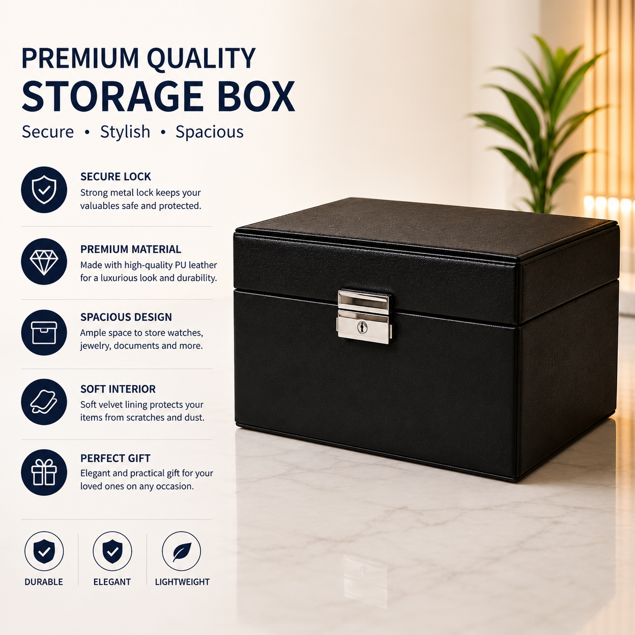 Premium Leather Storage Box – Secure Lock Organizer for Jewelry & Valuables