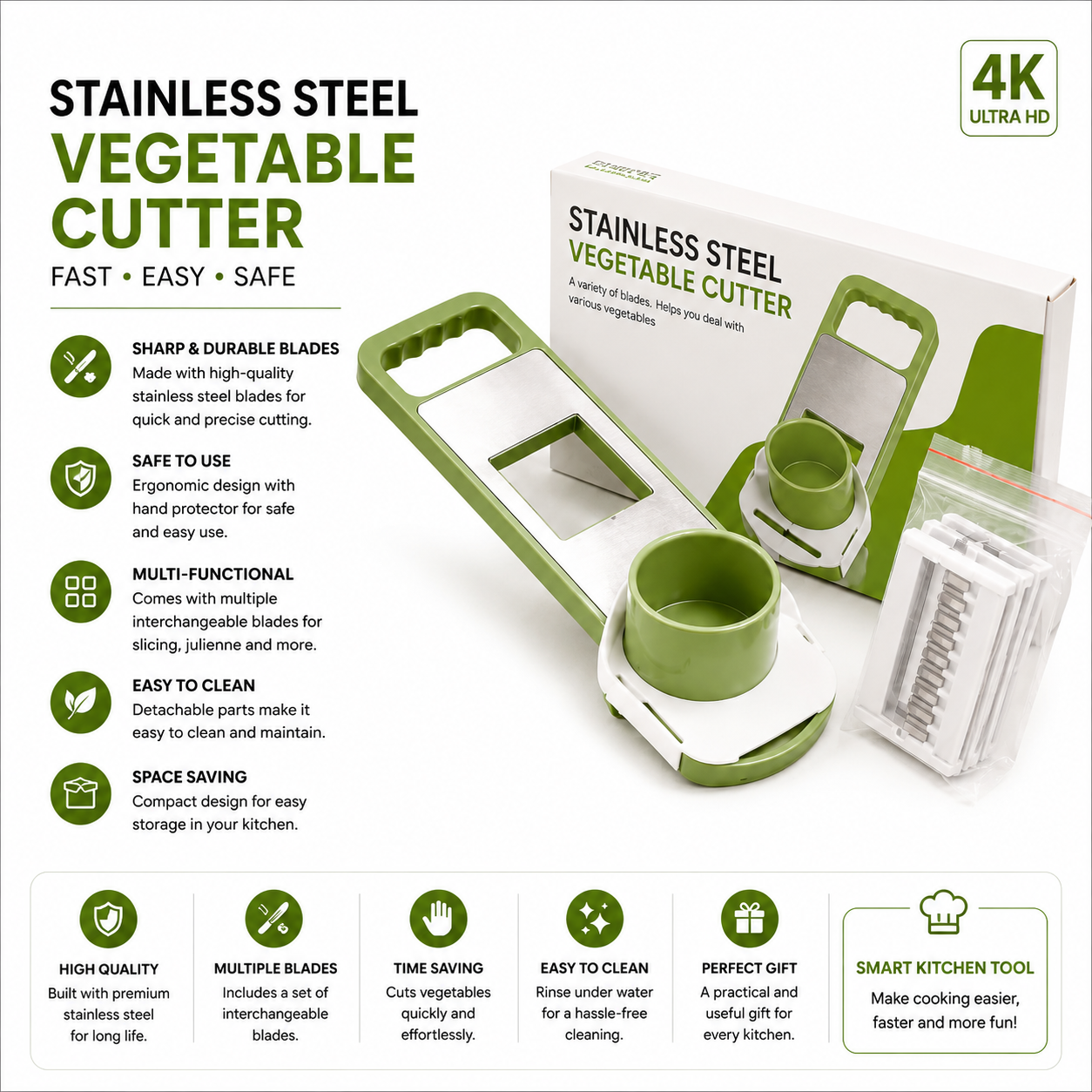 Stainless Steel Vegetable Cutter – Multi-Blade Kitchen Slicer & Chopper