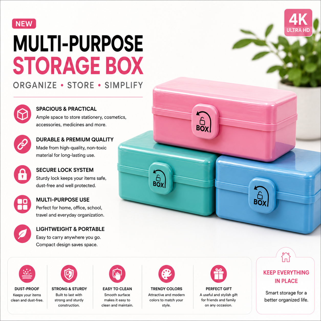 Multi-Purpose Storage Box with Secure Lock – Portable Organizer Container