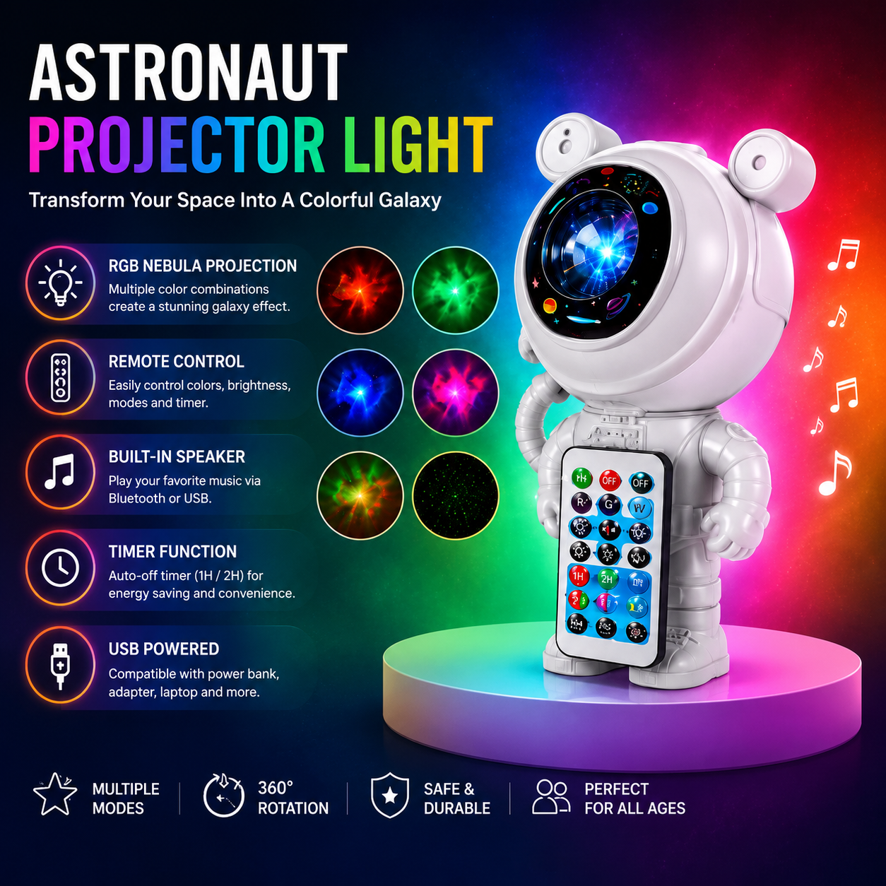 Astronaut Galaxy Projector – Starry Sky Night Light with Remote Control