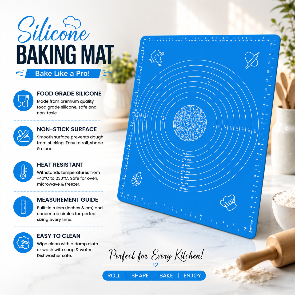 Premium Silicone Baking Mat – Non-Stick Food Grade Pastry & Dough Rolling Mat | Heat Resistant Reusable Kitchen Baking Sheet