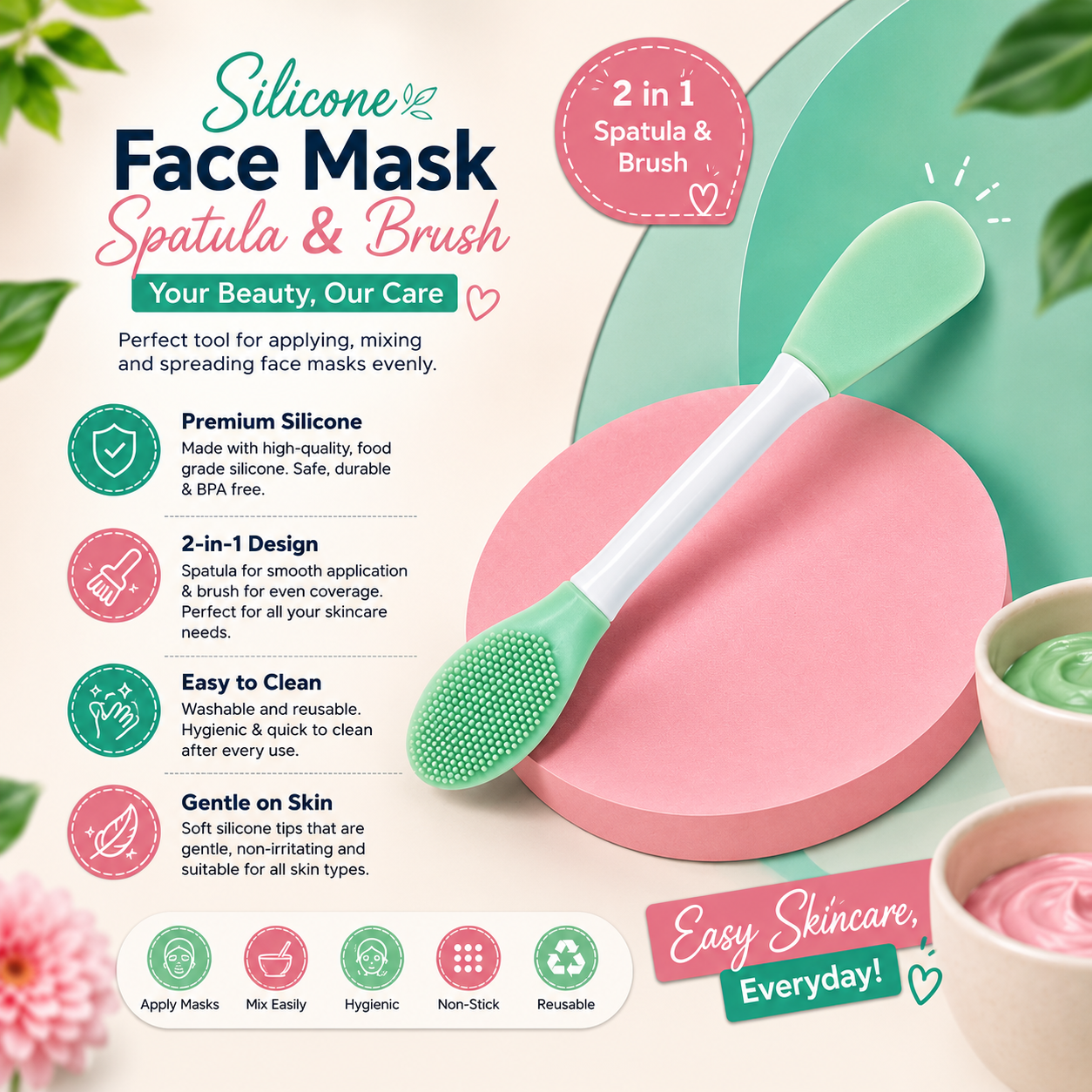 2-in-1 Silicone Face Mask Applicator Brush & Spatula – Soft, Hygienic & Reusable Skincare Tool