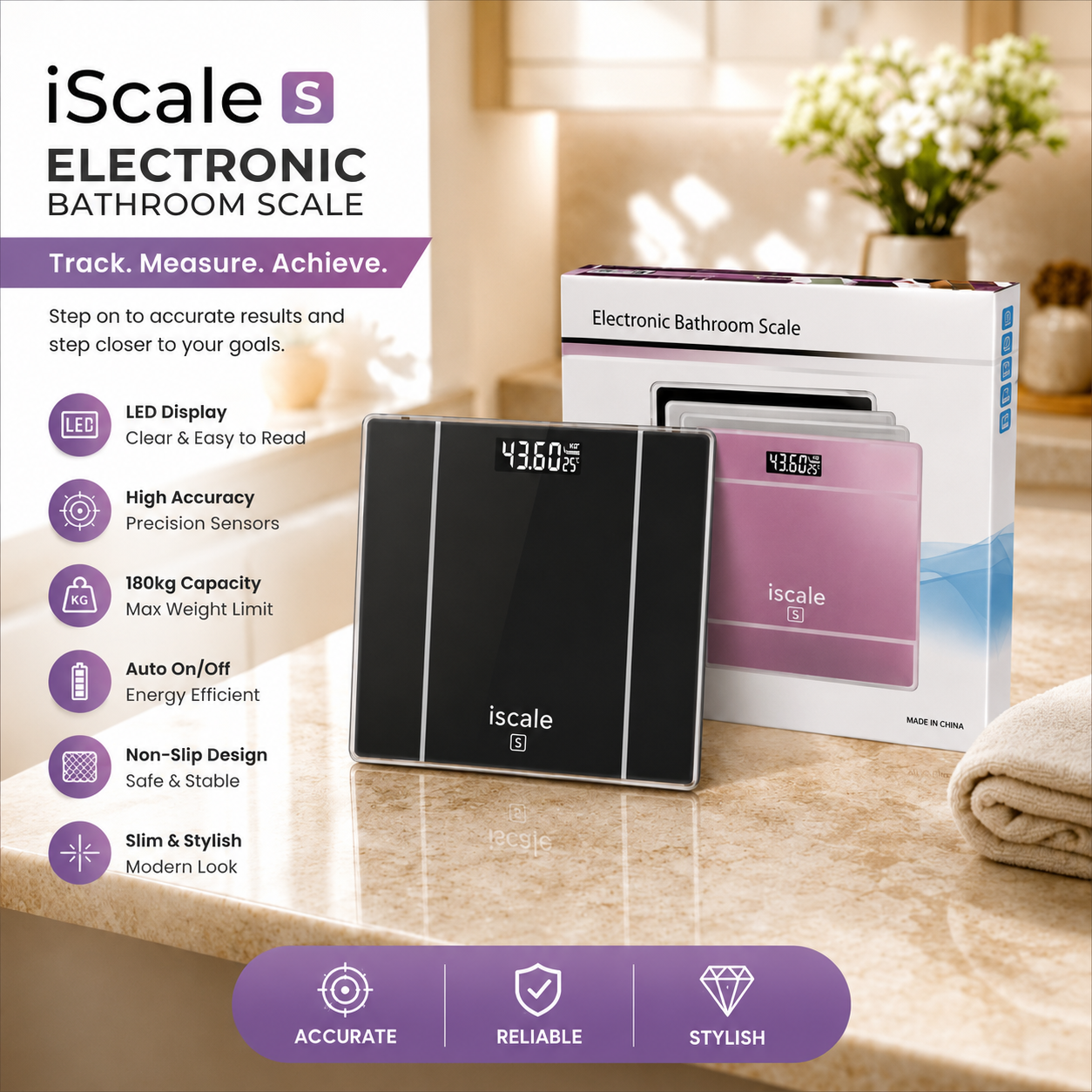 iScale Electronic Bathroom Scale – Digital LED Weight Machine | High Accuracy | 180kg Capacity | Tempered Glass Body