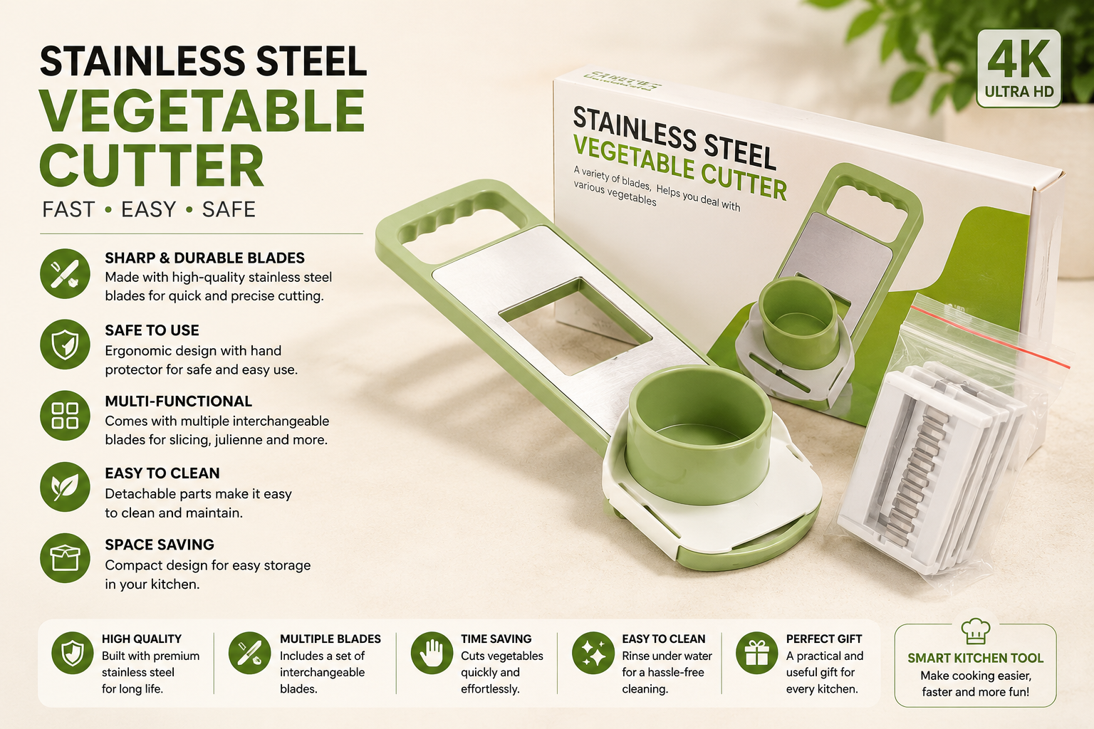 Stainless Steel Vegetable Cutter – Multi-Blade Kitchen Slicer & Chopper