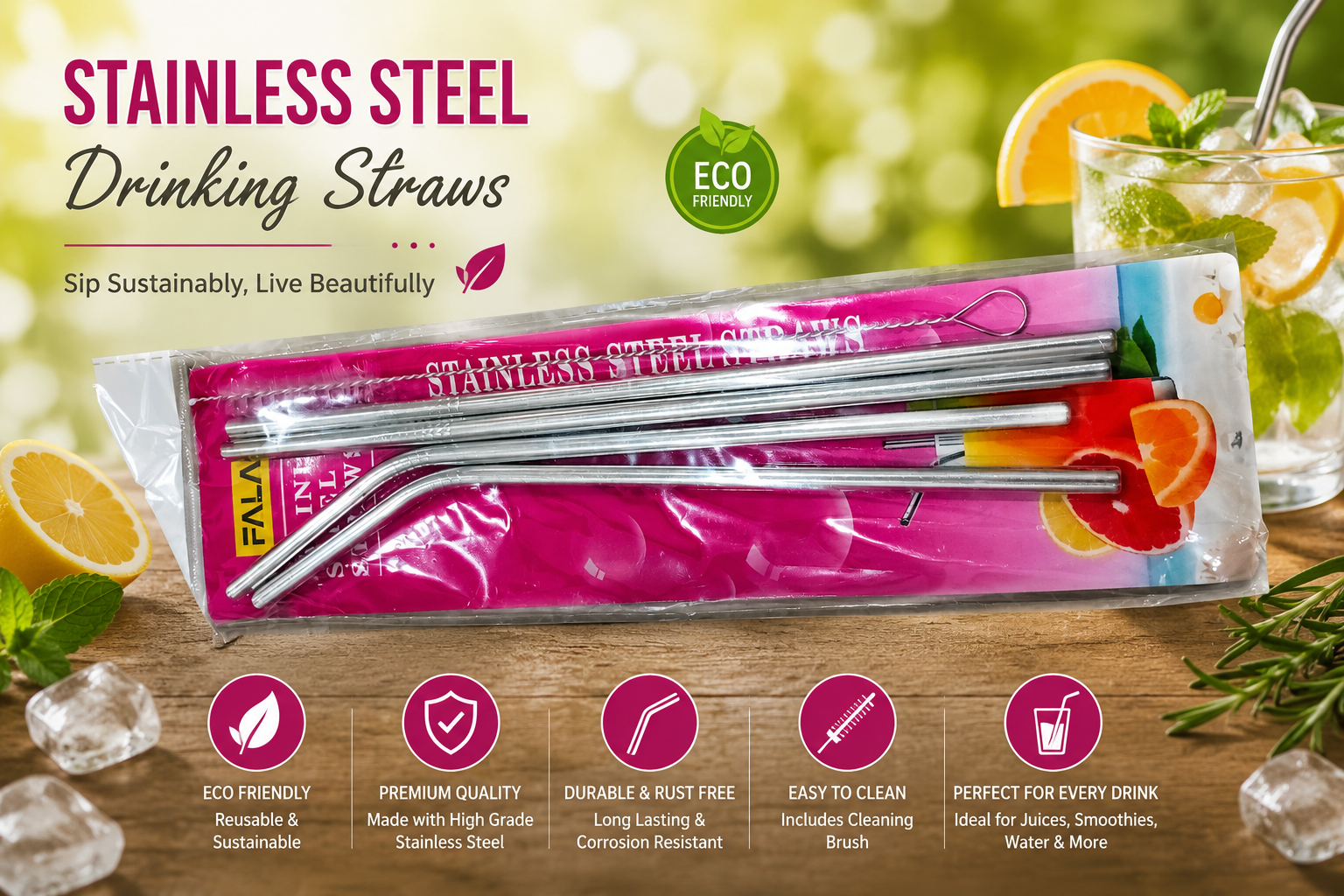 Premium Stainless Steel Reusable Drinking Straws Set with Cleaning Brush | Eco-Friendly Metal Straw
