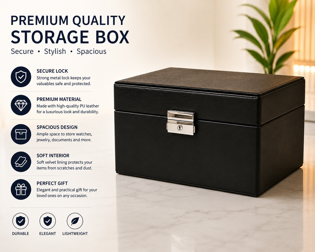 Premium Leather Storage Box – Secure Lock Organizer for Jewelry & Valuables