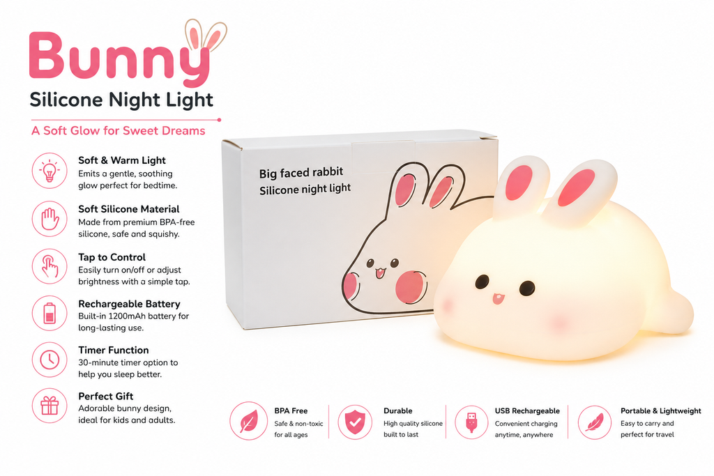 Bunny Silicone Night Light – USB Rechargeable Soft LED Lamp | Tap Control | Timer Function