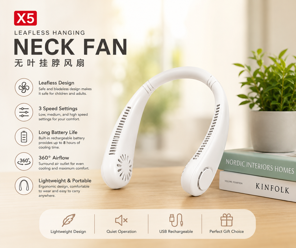 X5 Leafless Hanging Neck Fan – USB Rechargeable Portable Cooling Fan