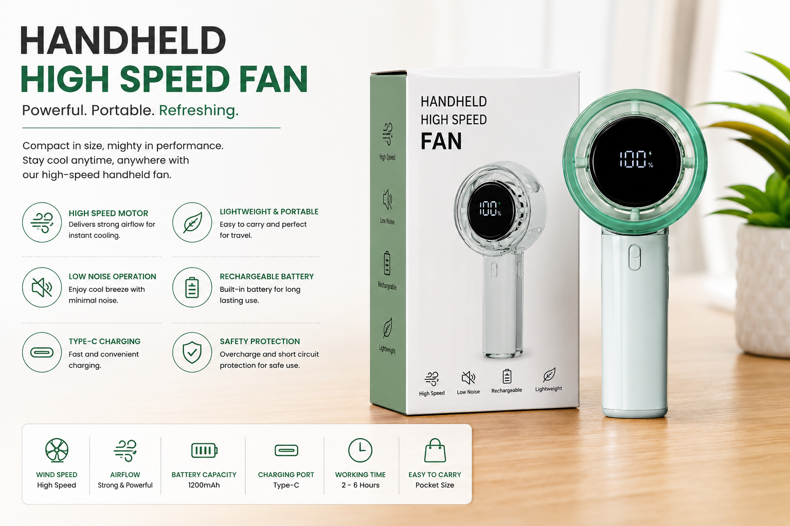 Crystal High Speed Handheld Fan – Rechargeable Portable Mini Cooling Fan with LED Display & Type-C Charging