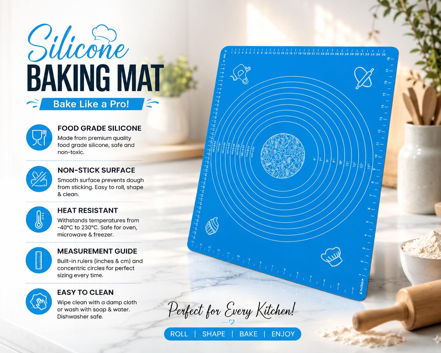Premium Silicone Baking Mat – Non-Stick Food Grade Pastry & Dough Rolling Mat | Heat Resistant Reusable Kitchen Baking Sheet