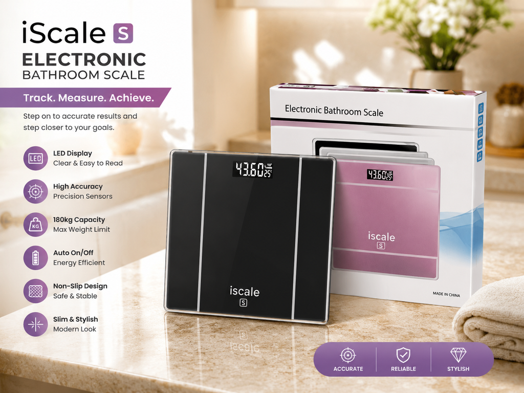 iScale Electronic Bathroom Scale – Digital LED Weight Machine | High Accuracy | 180kg Capacity | Tempered Glass Body