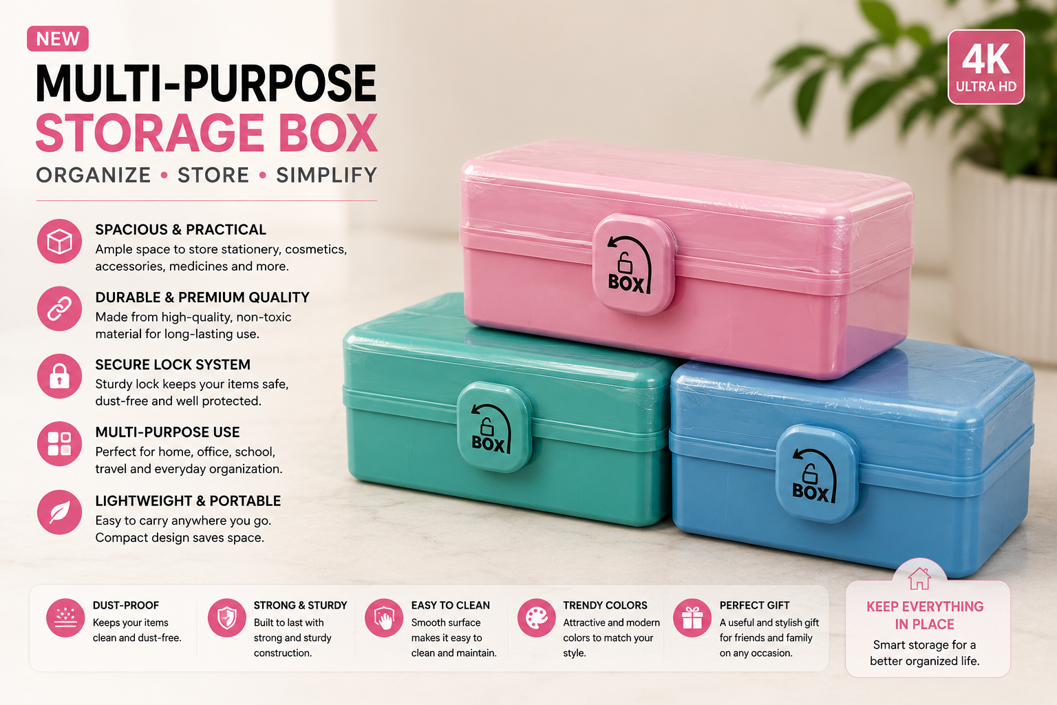 Multi-Purpose Storage Box with Secure Lock – Portable Organizer Container