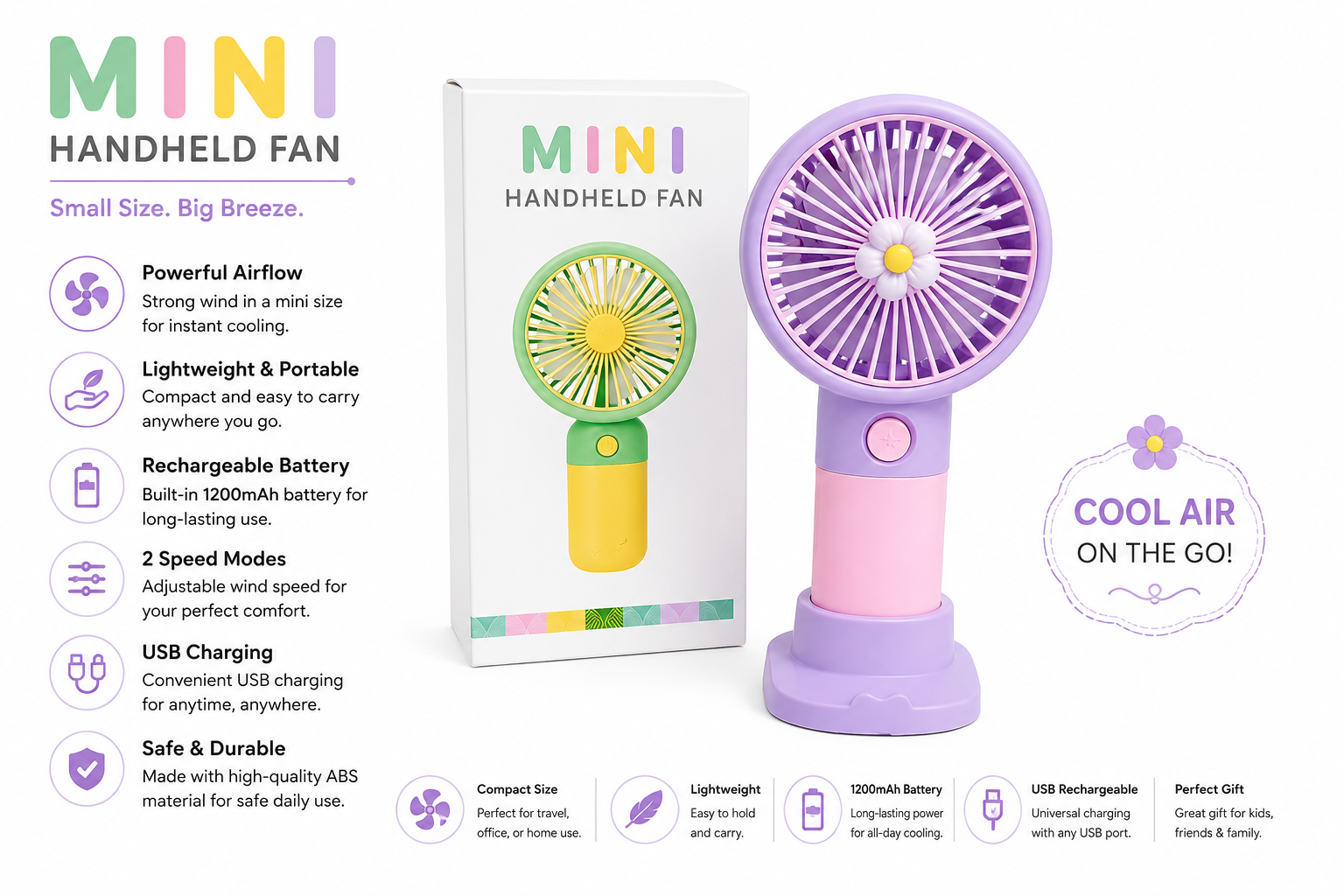 Mini Handheld Rechargeable Fan – Portable USB Cooling Fan with Stand