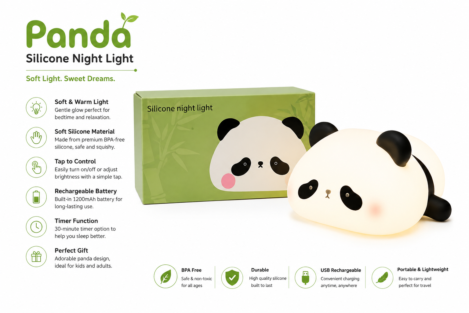Panda Silicone Night Light – USB Rechargeable Soft LED Lamp | Tap Control