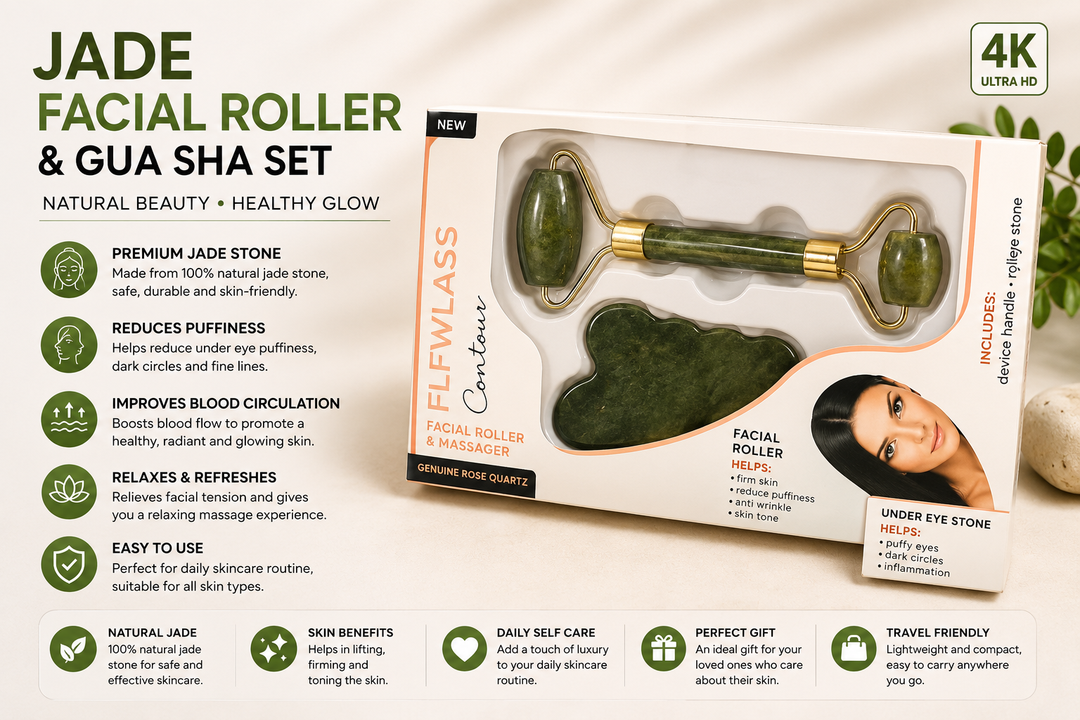 Premium Jade Facial Roller & Gua Sha Set | Natural Face Massager for Glowing Skin