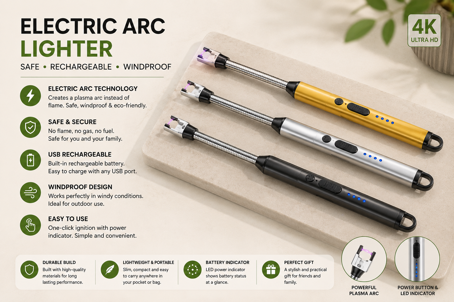 USB Rechargeable Electric Arc Lighter – Windproof Plasma Candle & BBQ Lighter