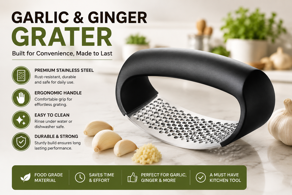 Premium Garlic & Ginger Grater – Stainless Steel Manual Kitchen Grater with Ergonomic Handle