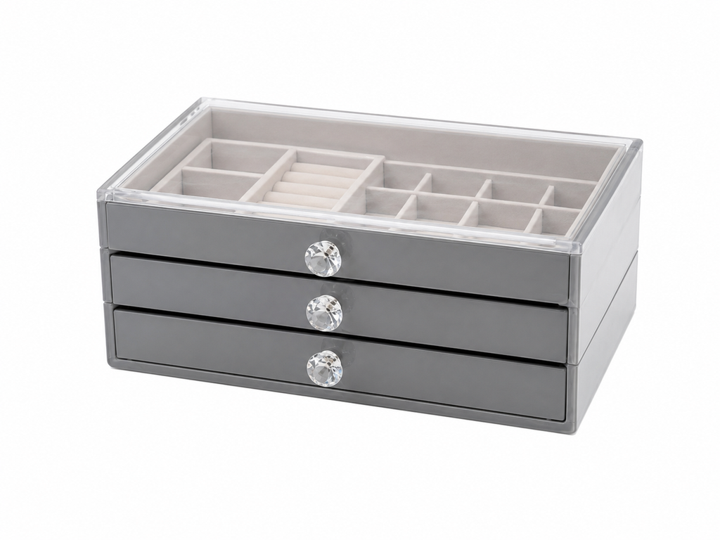 Multi-Functional Jewelry Storage Box – 3 Drawer Acrylic Jewelry Organizer with Transparent Lid | Ring, Earrings & Necklace Organizer
